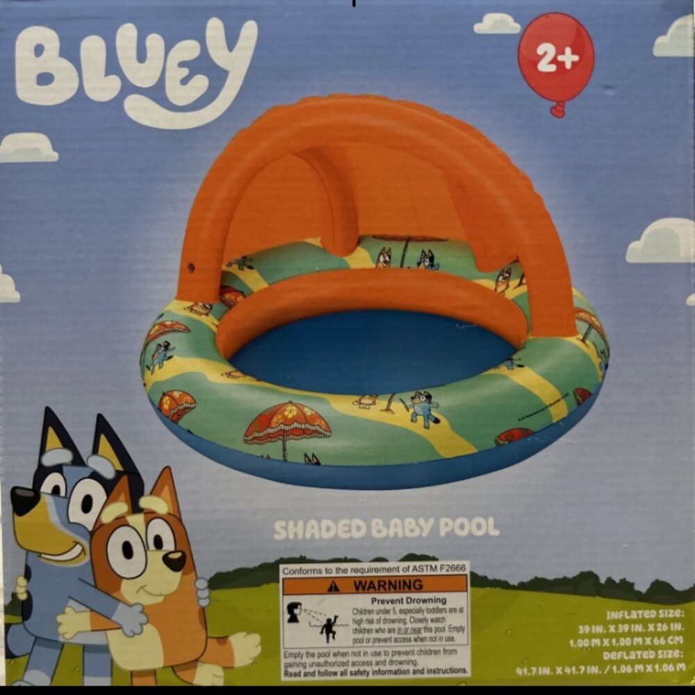 Bluey Shaded Baby Pool  2+ Inflatable Sun Canopy Kids 39in X 39in X 26in